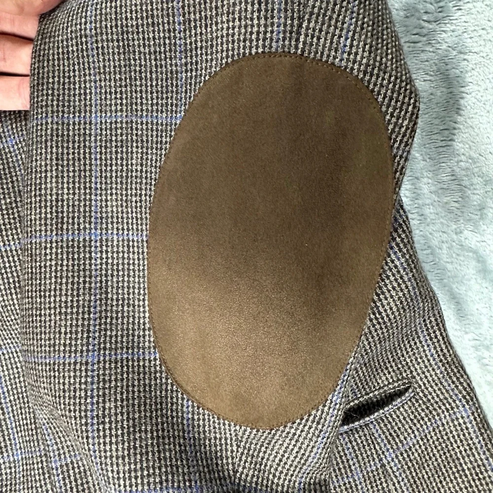 Lauren Ralph Lauren Mens 46R Wool Blazer Houndstooth Elbow Patches Brown Blue